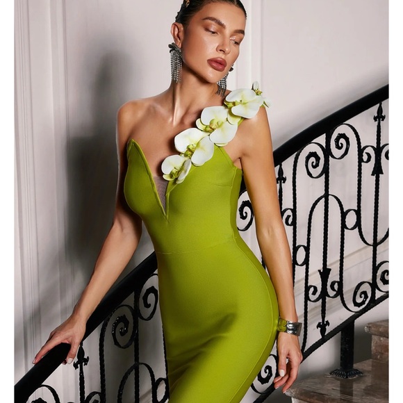 Lime Green Asymmetrical One Shoulder Embellished Maxi Dress - Picture 4 of 11